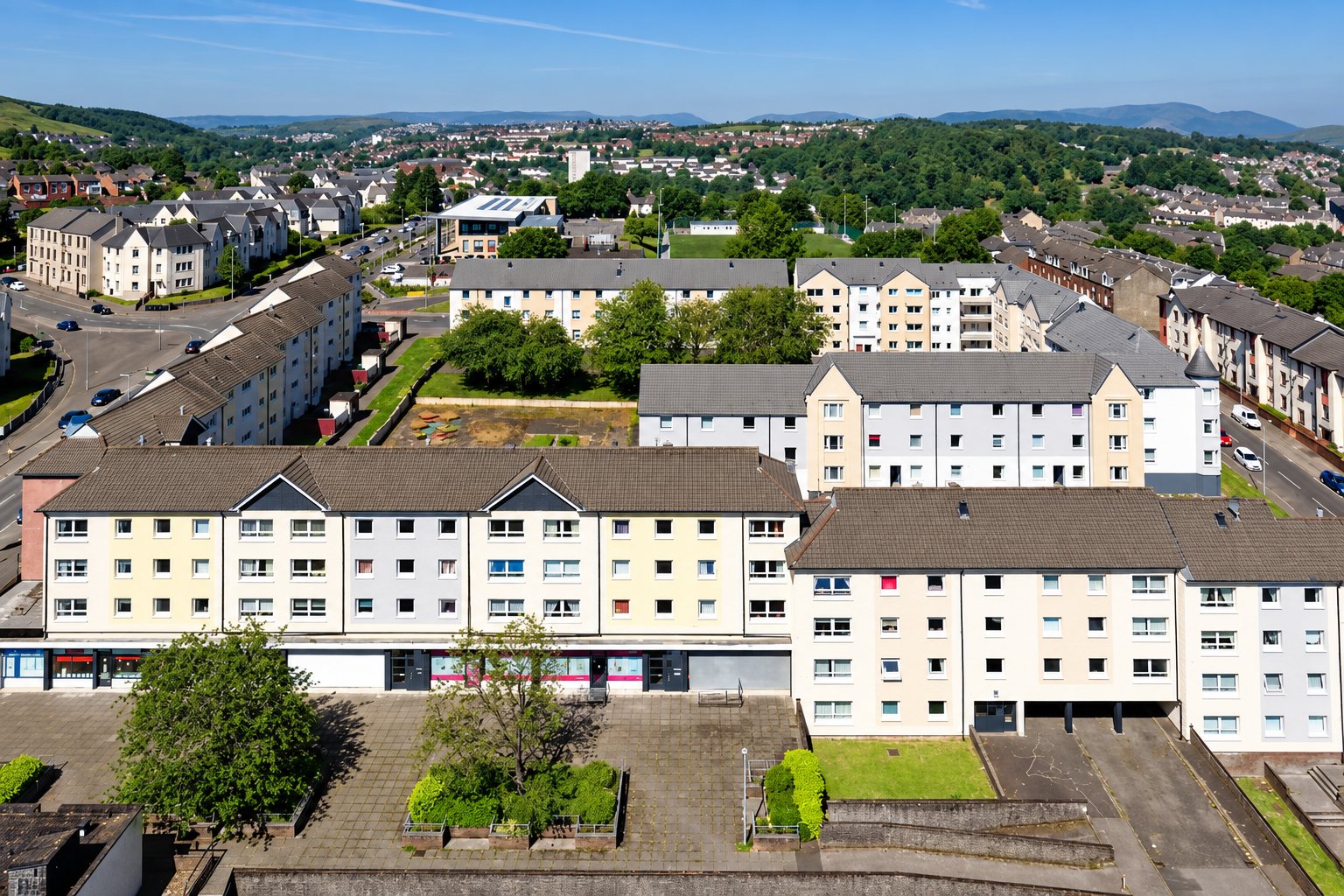Aerial view of the residential flats in Greenock served by the communal heat network