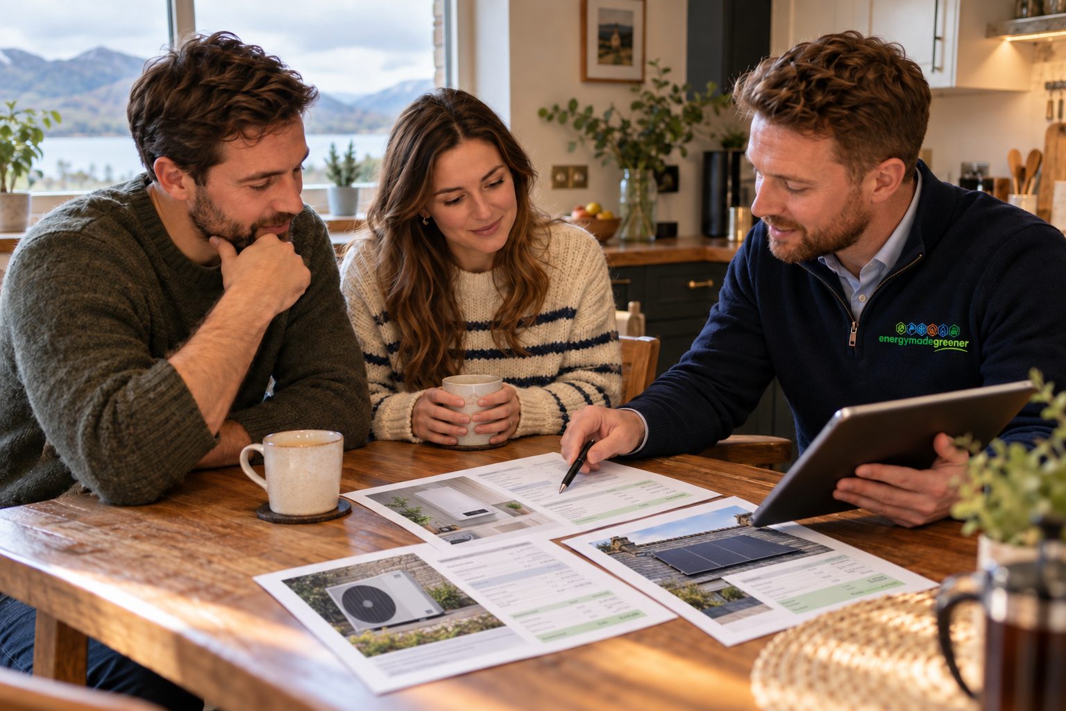 Energy Made Greener adviser talking a couple through a heating and renewables quote and finance options at their kitchen table