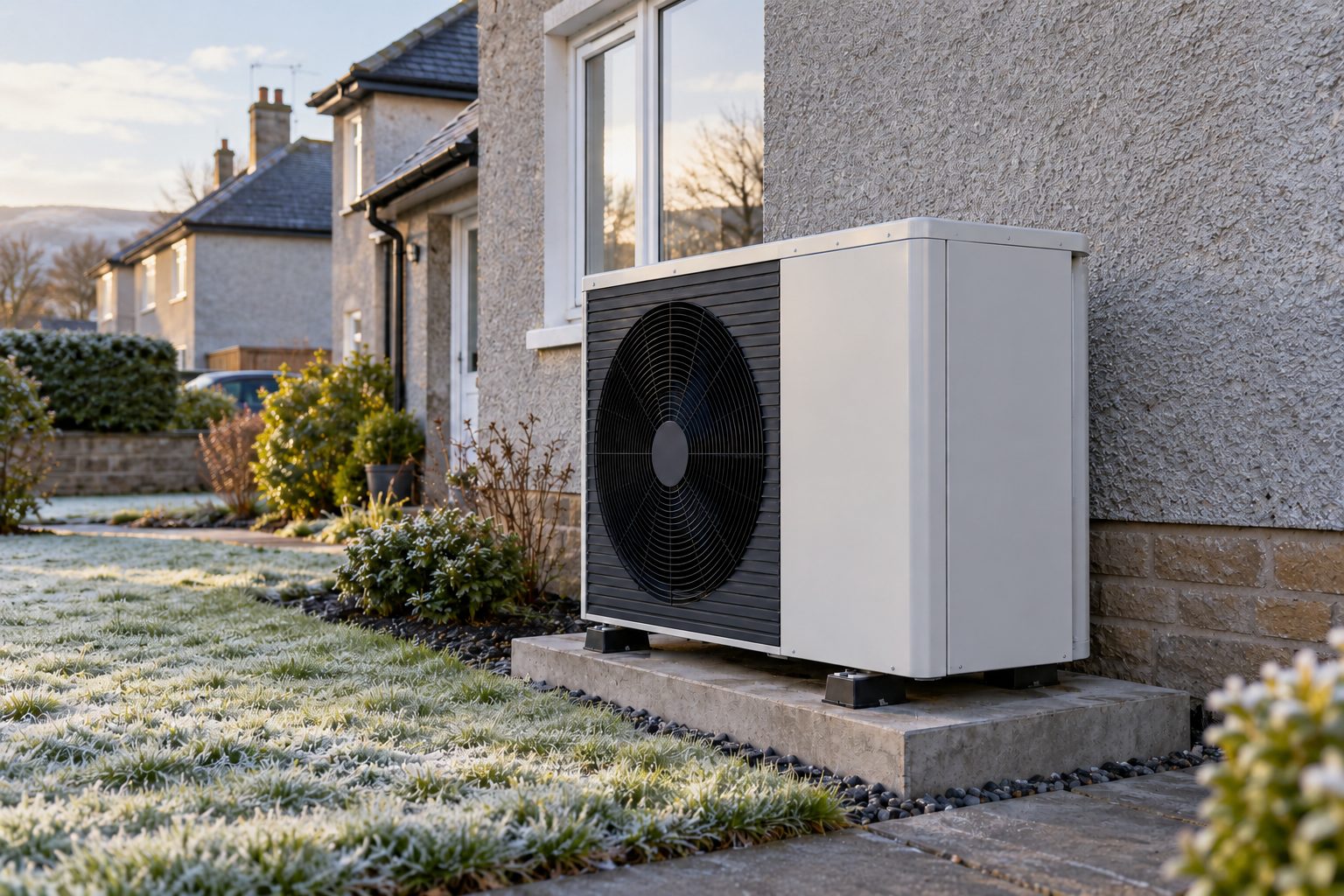 White air source heat pump on a concrete plinth beside a harled Scottish semi-detached home on a frosty morning