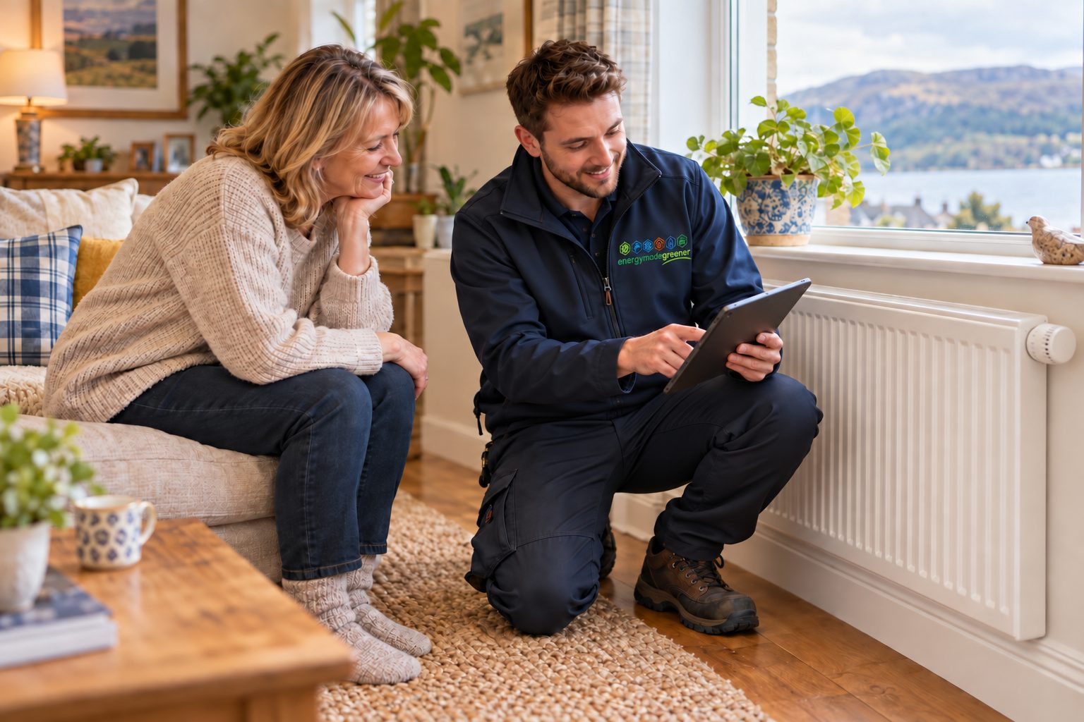 Energy Made Greener engineer showing a homeowner heat-loss survey readings on a tablet beside a radiator