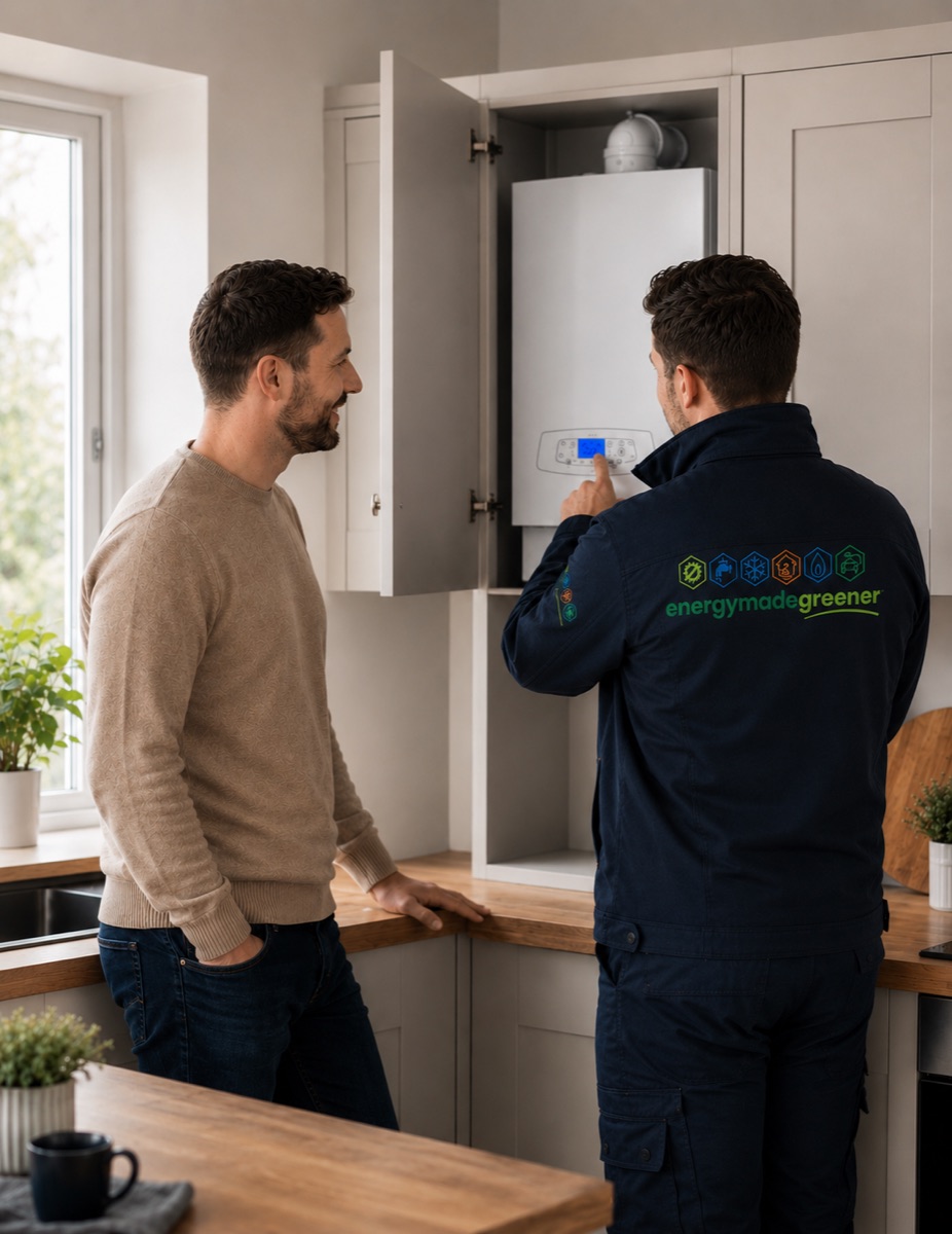 An Energy Made Greener engineer talking a homeowner through their new boiler in their kitchen