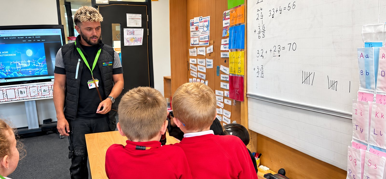 An Energy Made Greener engineer talking to Primary 4 pupils in their classroom at Halfmerke Primary School