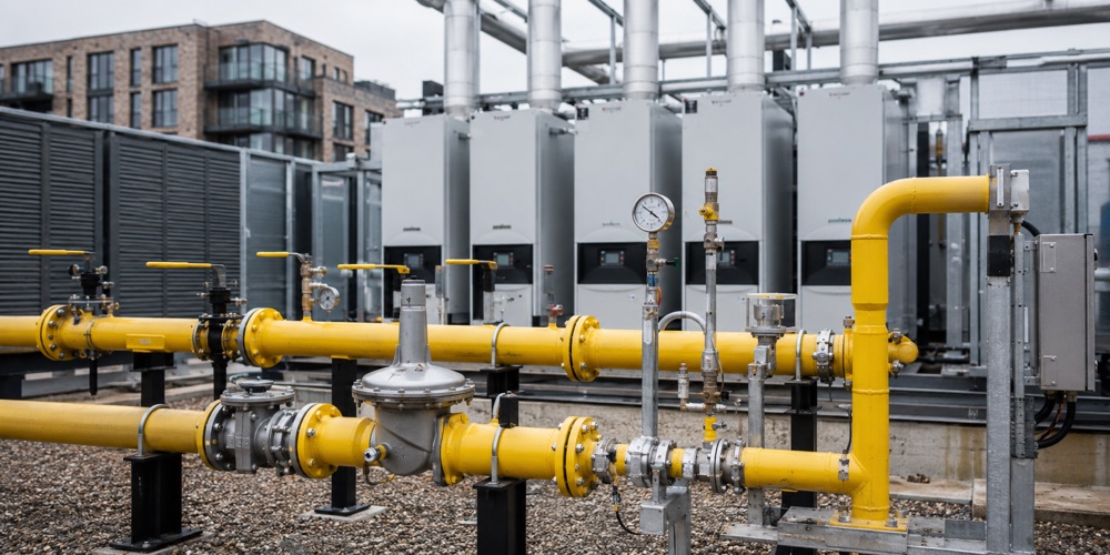 Yellow commercial gas pipework and isolation valves