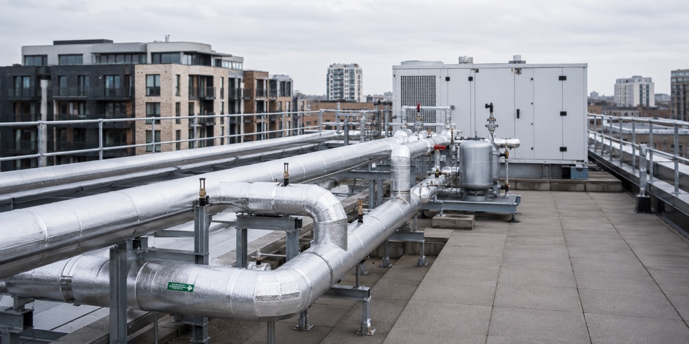 Insulated district heating pipework and plant on the roof of a residential development