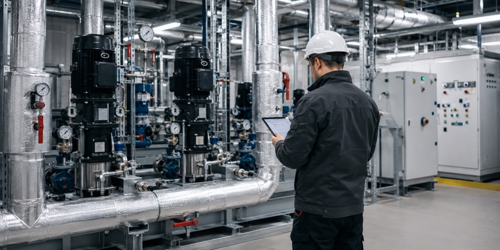An engineer inspecting pipework and plant equipment on a heat network