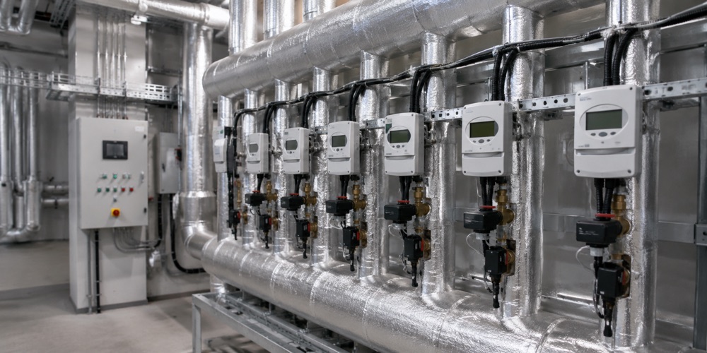 Row of heat meters installed on insulated pipework